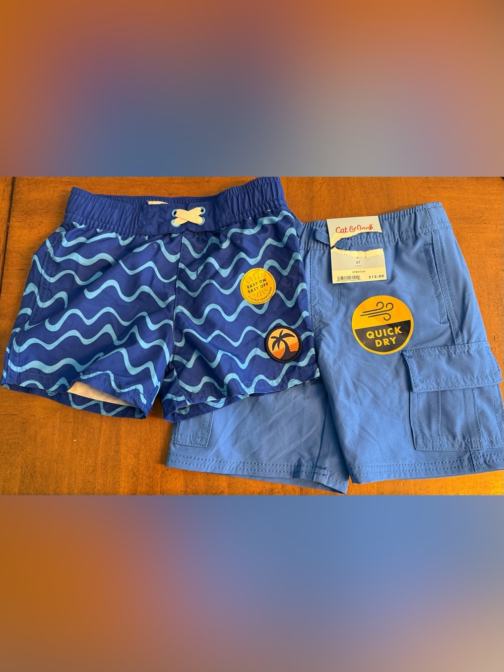 2)Cat & Jack Navy and Light Blue Wave Swim Trunks for Kids size 2T